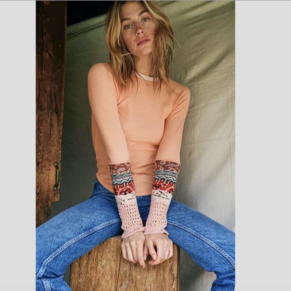 Free People In The Mix Cuff thermal Top in Peach Desert Orange Combo